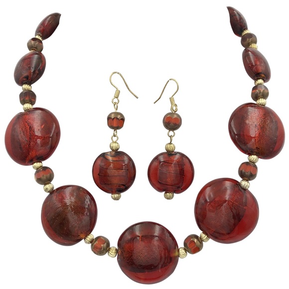 Chunky Red Glass Bead Necklace Earrings Set - Picture 1 of 3